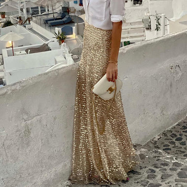 Shiny Sequin Women Skirt, Elegant Party Skirts, Long Casual Beach Skirts