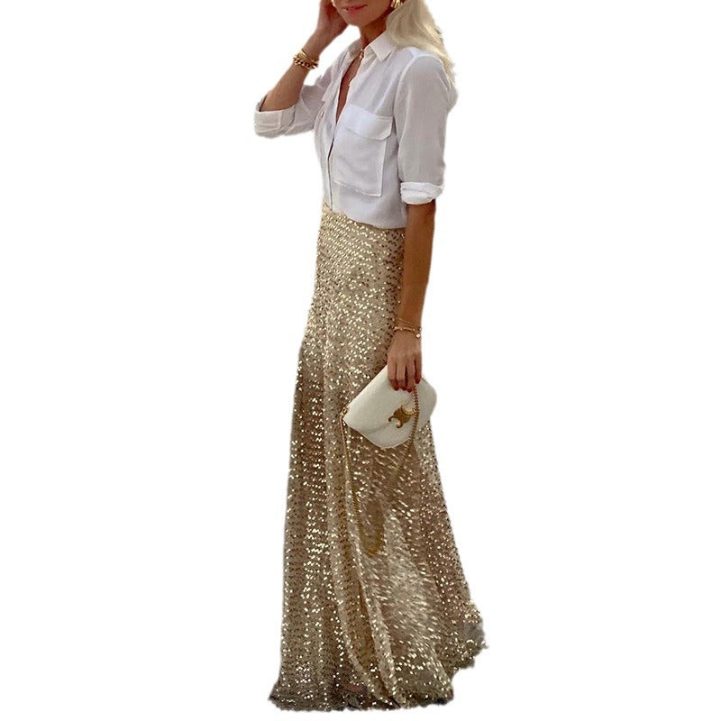 Shiny Sequin Women Skirt, Elegant Party Skirts, Long Casual Beach Skirts