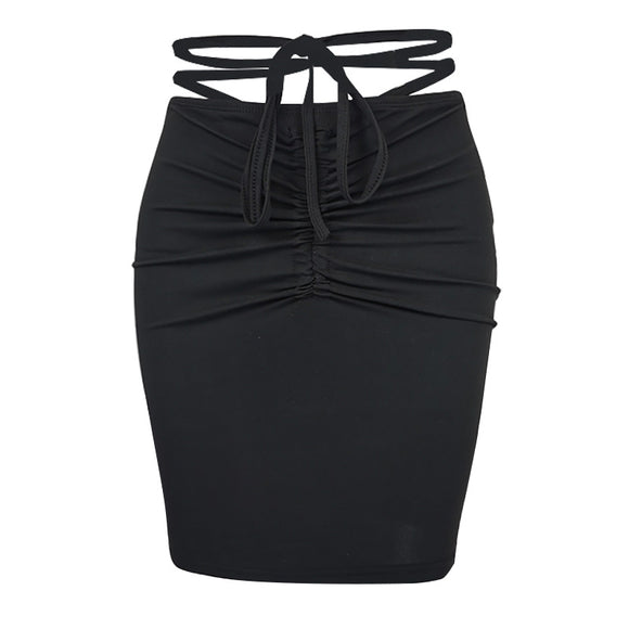 Women Sexy Lace Up Ruched Pencil Skirt Drawstring Tight Mini Skirt