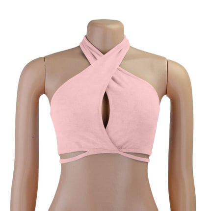 Sexy backless women's top, white crop top to tie with halter neck