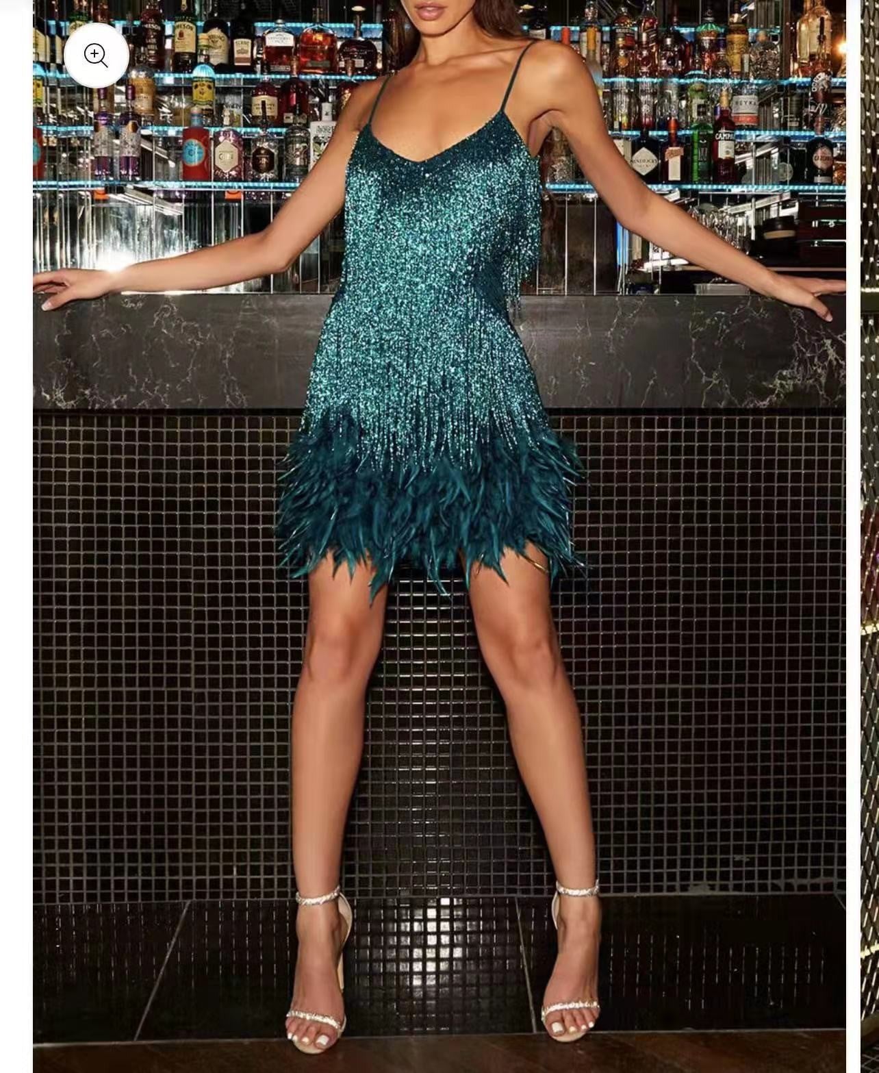 Women's dress with feather stitching and V-neck straps, Elegant, party