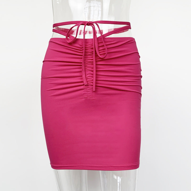 Women Sexy Lace Up Ruched Pencil Skirt Drawstring Tight Mini Skirt