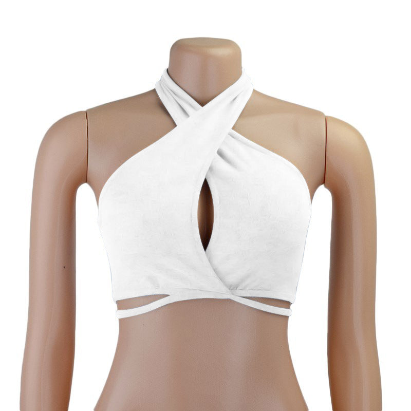 Sexy backless women's top, white crop top to tie with halter neck