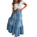 Women's long skirt denim in bohemian ruffles pleated fluid
