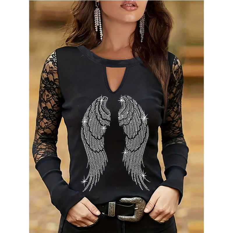 Camiseta de mujer con cuello redondo, estampado de alas, de manga larga