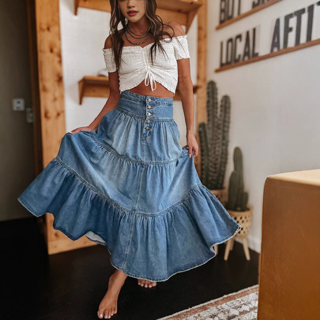 Women's long skirt denim in bohemian ruffles pleated fluid