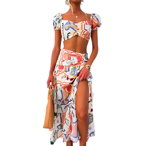 Sexy Sets Elegant Printed Tube Top & Skirt Two-Piece Suit