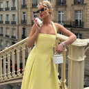 Vestido midi sexy cuello halter espalda descubierta liso sin mangas corte A-10