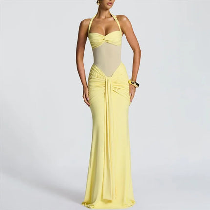Women’s Sexy Maxi Dress Halter Neck Backless Bodycon Ruched
