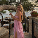 Robe longue sexy rose élégante à volants dos nu épaules dénudées-6