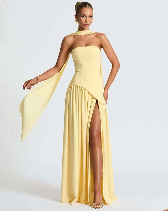 Women's Sexy Maxi Dress Elegant Strapless Backless High Slit Evening Gown
