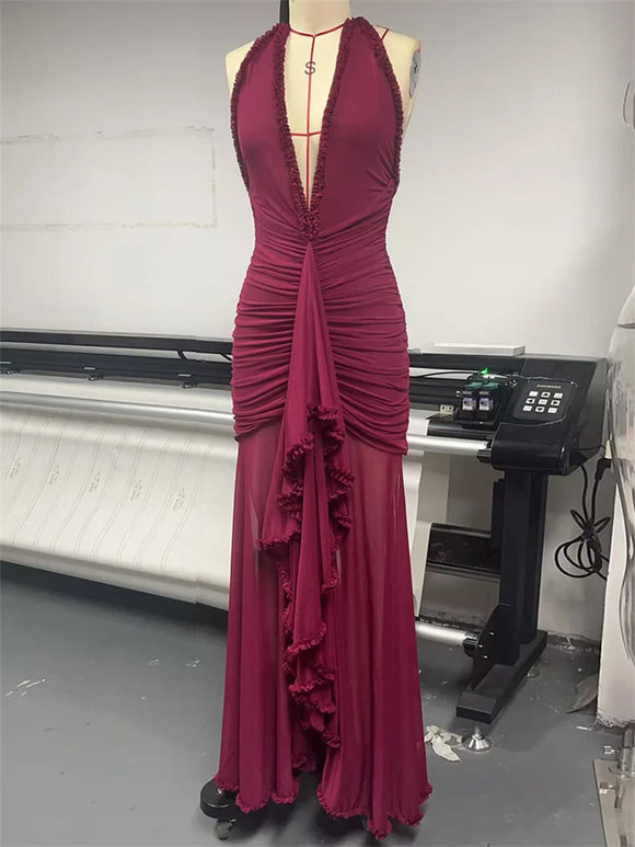 Women's Sexy Long Dress Deep V Neck Backless Elegant Party Gown