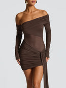 Women's Sexy Mini Dress Elegant Off Shoulder Sheer Backless Ruched