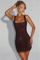 Women's Sexy Mini Dress Sequin Straps Backless Elegant Solid Color