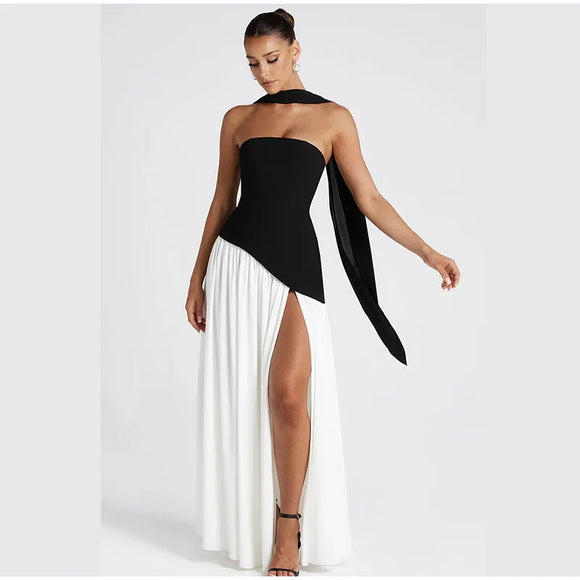 Women's Sexy Maxi Dress Elegant Strapless Backless High Slit Evening