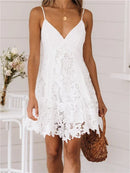 Sexy Dress Bohemian Sleeveless White Elegant Lace A-Line for Women 