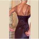 Women's Sexy Long  Dress Satin Elegant Backless Bodycon Fishbone-19