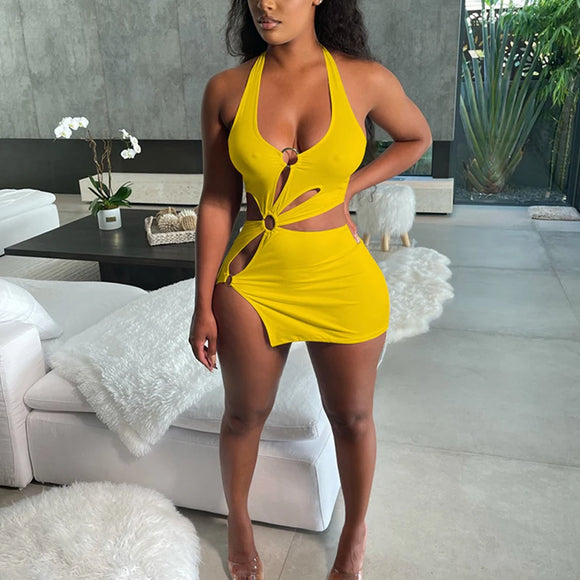 Women's Sexy Mini Dress Elegant Bodycon Stretchy Halter Neck