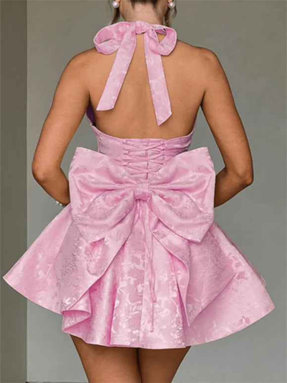 Women's Sexy Mini Dress Sleeveless Halter Lace Up Backless Big Bow
