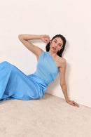 Vestido largo sexy elegante de satén un hombro descubierto sin espalda -22