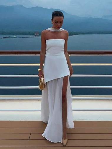 Women's Sexy Maxi Dress Elegant Strapless Backless High Slit Evening