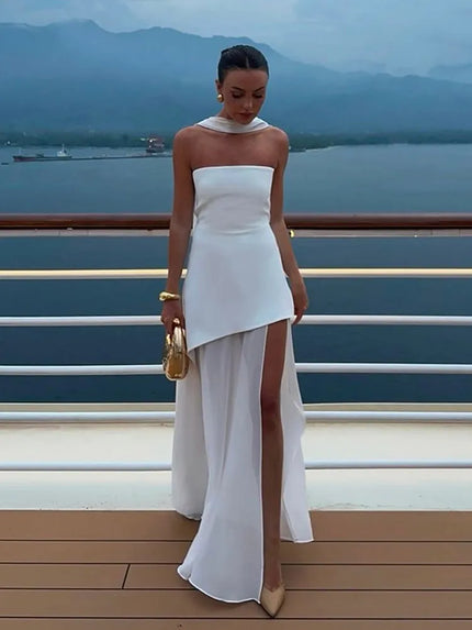 Women's Sexy Maxi Dress Elegant Strapless Backless High Slit Evening