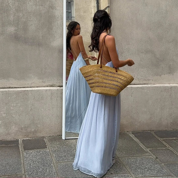 Robe longue sexy pour femme élégante décolleté en V profond froncée dos nu