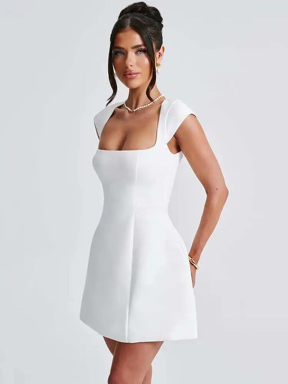 Short Dress Elegant for Women Short Sleeve Square Neck A Line