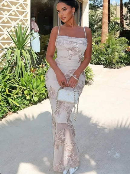 Elegant Long Dress for Women Straps Mesh Embroidered Flowers Evening