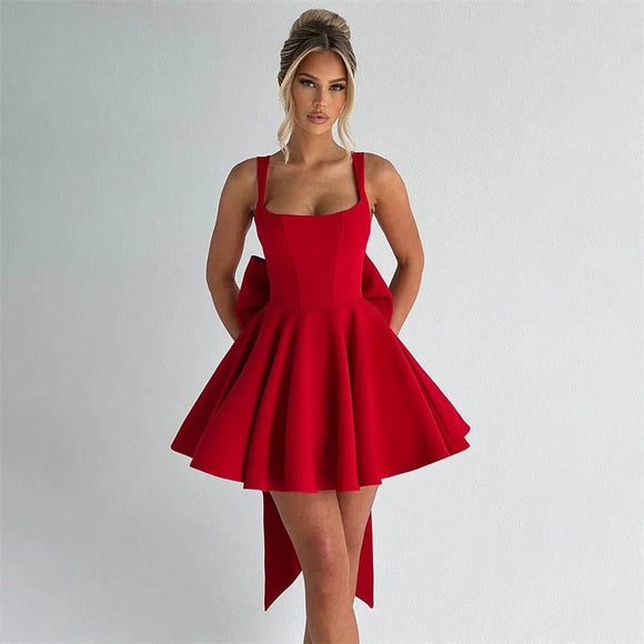 Women's Sexy Mini Dress Elegant Backless Bow Spaghetti Strap