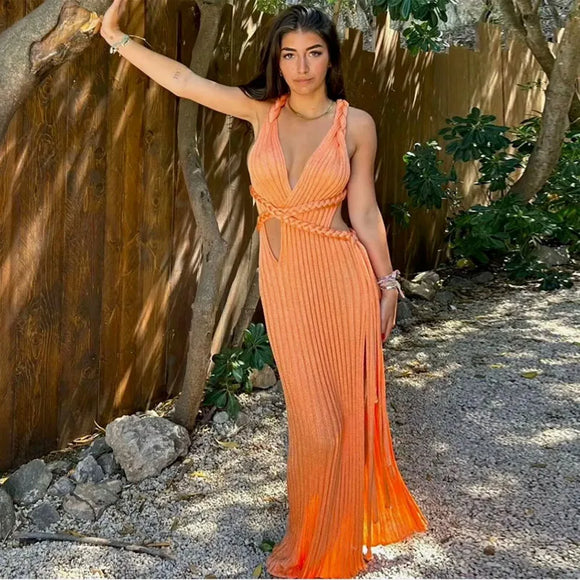 Women's Sexy Long Knit Dress Sleeveless Backless Elegant Side Slit