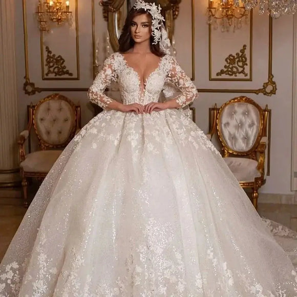 Women's Princess Wedding Dress Vintage Lace Ball Gown Long Sleeves Shinny Tulle