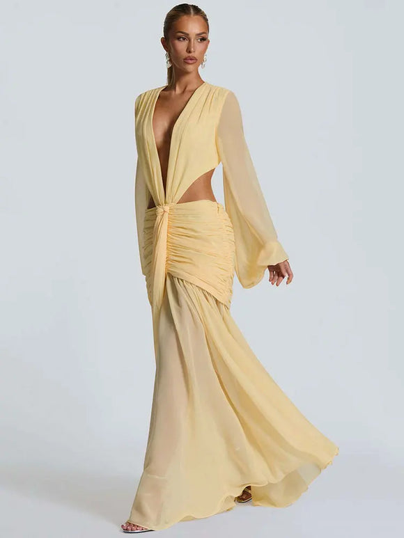 Robe Maxi Élégante Pour Femme Manches Longues Col V Profond Dos Nu.