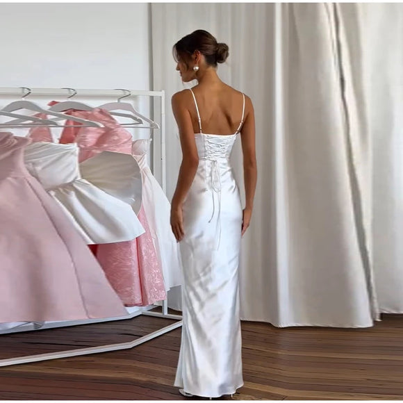 Women's Sexy Long  Dress Satin Elegant Backless Bodycon Fishbone