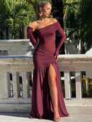 Women's Sexy Long Dress Off Shoulder Backless High Slit Skew Collar