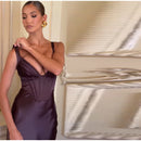 Women's Sexy Long  Dress Satin Elegant Backless Bodycon Fishbone-18