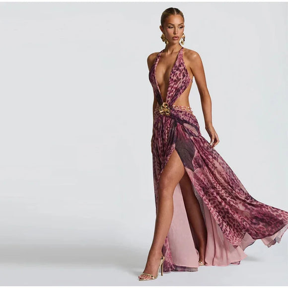 Indianna Women's Sexy Maxi Dress Halter Backless Elegant Slit Side