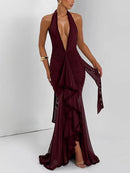Women's Sexy Long Dress Deep V Neck Backless Elegant Party Gown
