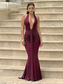 Robe longue sexy pour femme élégante décolleté en V profond froncée dos nu-34