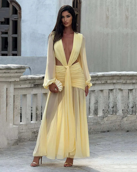 Robe Maxi Élégante Pour Femme Manches Longues Col V Profond Dos Nu.