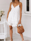 Sexy Dress Bohemian Sleeveless White Elegant Lace A-Line for Women 