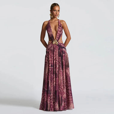 Buy red-leopard Indianna Women's Sexy Maxi Dress Halter Backless Elegant Slit