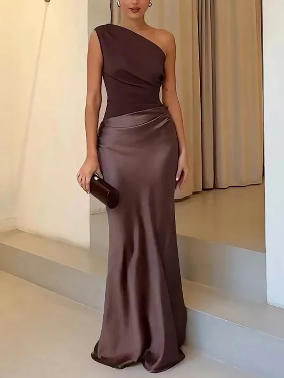 Women's Sexy Maxi Dress Elegant Satin One Shoulder Backless Bodycon