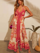 Bohemian Floral Sexy Maxi Dress for Women Elegant Strap Halter V Neck