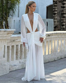 Robe Maxi Élégante Pour Femme Manches Longues Col V Profond Dos Nu.-13