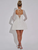 Women's Sexy Mini Dress Sequined Long Sleeve Backless Lace Up A-Line