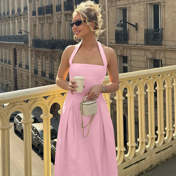 Vestido midi sexy cuello halter espalda descubierta liso sin mangas corte A