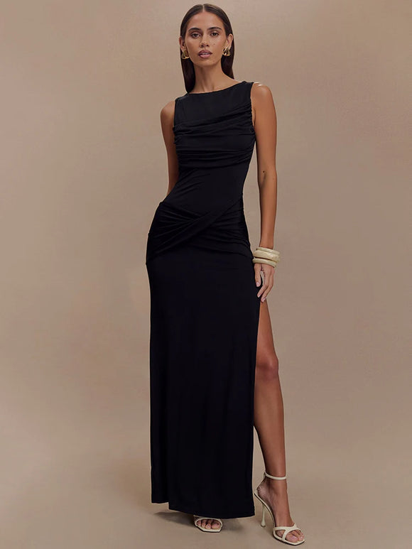 Women's Sexy Long Dress Elegant Ruched Backless Bodycon with High Slit
