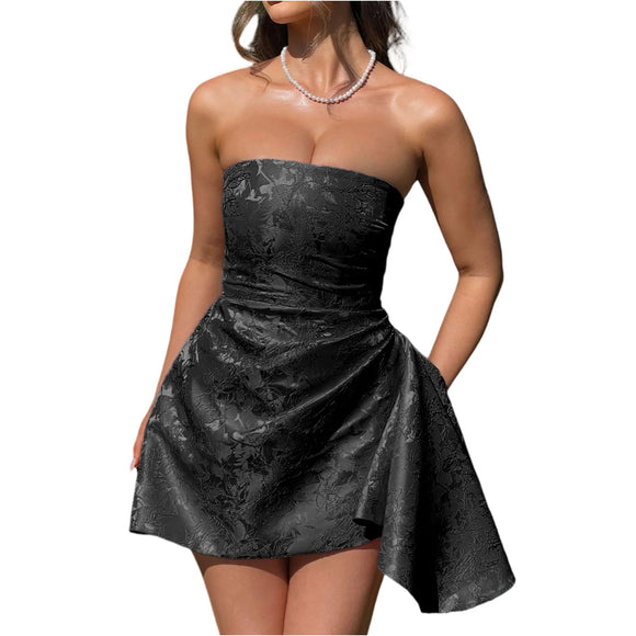 Women's Sexy Short Prom Dress Jacquard Backless Strapless Satin