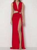 Robe sexy décolleté en V profond élégante ajourée fendue sans manches-24